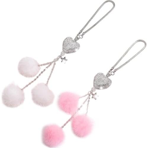 Car Blingbling Pendant Rearview Mirror Accessories for Women Shining Charm Decor Soft Plush Pink White Ball Wall Hanging