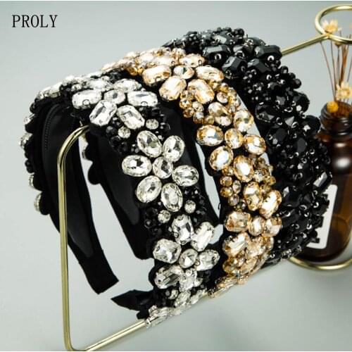 PROLY New Fashion Women Hairband Wide Side Baroque Headband Flower Rhinestone Headwear Adult Luxurious Hair Accessories