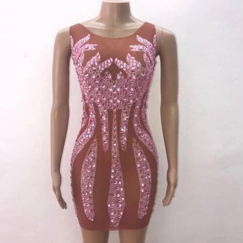 Rhinestones Pink Evening Dress Sleeveless Dress Glisten Stretch Stones Costume Birthday Celebrate Singer Dance costume