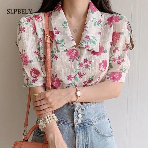 SLPBELY Women Flower Embroidery Blouse Shirt Spring Lapel Chic Puff Sleeve Ladies Blouse 2021 Sweet Fashion Casual Female Tops