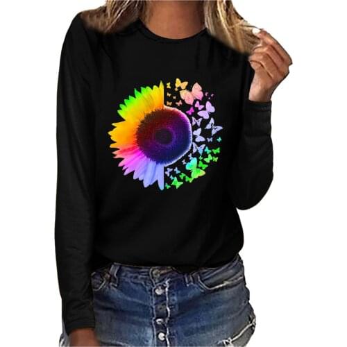 Womens T-Shirts Long Sleeve Oversized Plus Size Flower Printed Shirts Casual Tops Round Neck Sweatshirts Autumn Winter Clothes