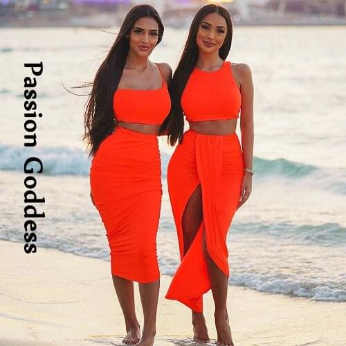 2 Piece Skirts Set Elegant Women Slim Cropped Tops Tanks and High Waist Bandage Wrap Split Skirts Suits Party Two Piece Outfits