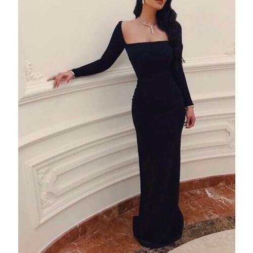 Long Square Collar Satin Black Evening Dresses Floor Length Zipper Stretchy Formal Party Dress for Women
