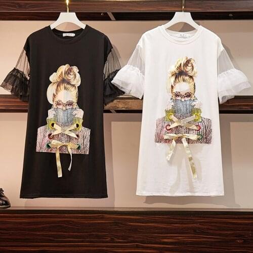 Plus Size Womens T-shirt Dresses 2020 Fashion Streetwear Spectacles Girl Print Mesh Patchwork Flare Sleeve Dresses S-4XL