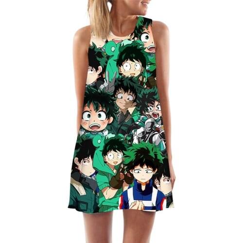 Women Tank Tops Dress Anime Boku No Hero Academia Midoriya Izuku 3D Print Loose Beach Dress Mini Short Party Female Vest Dress