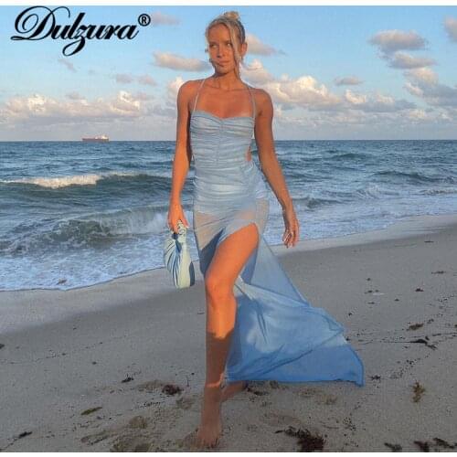 Dulzura Ruched Women Mesh Sheer Patchwork Pure Maxi Dress Strap Slit Lace Up Backless Bodycon Sexy Streetwear Beach 2021 Summer