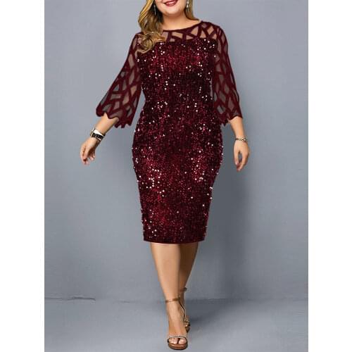 Party Dress Plus Size Ladies Midi Sequin Mesh Long Sleeve Lace Elegant Bodycon XL-4XL 5XL Evening Dresses Woman Summer 2021