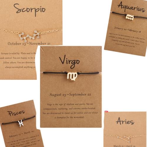 12 Constellations Black Rope Chain Woven Bracelets For Women Men Kids Gold Silver Color Zodiac Sign Make a Wish Bracelets