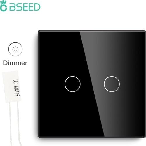 BSEED Dimmer Touch Screen Switch1/2Gang 1Way LED Dimmable Wall Light Switches Long Press Dimmer Crystal Dark Backlight Black