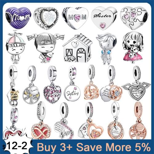 Genuine 925 Sterling Silver Charm Love Heart Dangle Family Tree Beads Fit Original Pandora Bracelet Jewelry Making Women Gift