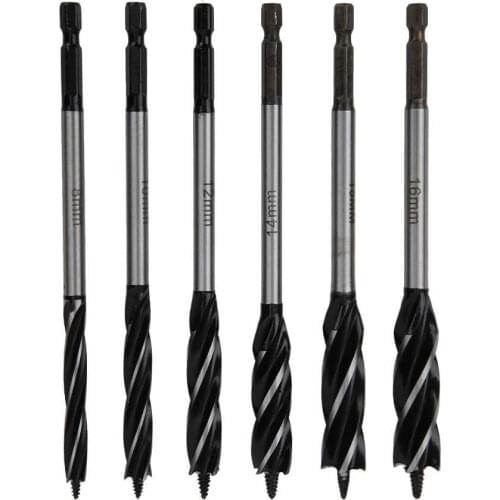 Woodwork Tool Machine 6Pcs Auger Bits Wood Cutting Spur Brad Point Drill Four‑Blade Hex Shank 8‑ 16mm