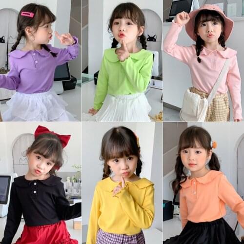 Kids Clothing Autumn New Toddler Girl Long Sleeve T Shirts 2-8 Years Childrens Candy Color T-shirts Girls Peter Pan Collar Tops
