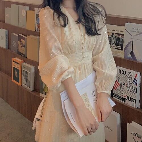 Elegant Vintage Dress Women Sequin Long Sleeve Designer Party Midi Dress Casual Slim Korean Dress Womens Clothing Autumn 2020