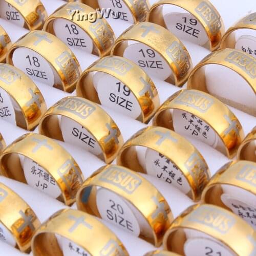 Yingwu Christmas Gift Jewelry Gold Stainless Steel Jesus Cross Rings Engrave Letter Church Prayer Rings for Men Women 10ps