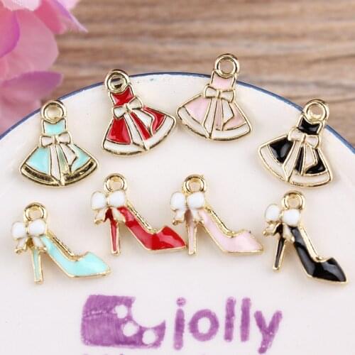 MRHUANG 10pcs/lot Skirt High Shoes floating Enamel Charms Alloy Pendant fit necklaces bracelets DIY Jewelry Accessories