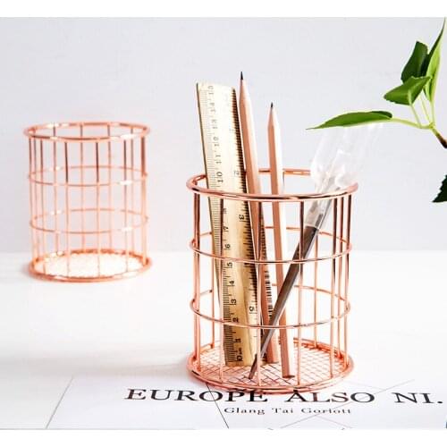 Creative Trend Rose Gold Pen Holder Metal Pencil Holders Desk Organizer Stationery Accessories Decor Office And School Supplies