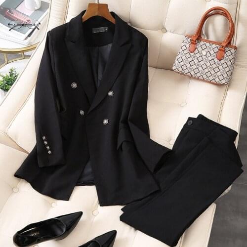 Autumn Womens Office Lady 2 Pieces Black Elegant Double Breasted Turn-down Collar Blazers Trouesrs Plus Size 5XL New Pant Suits