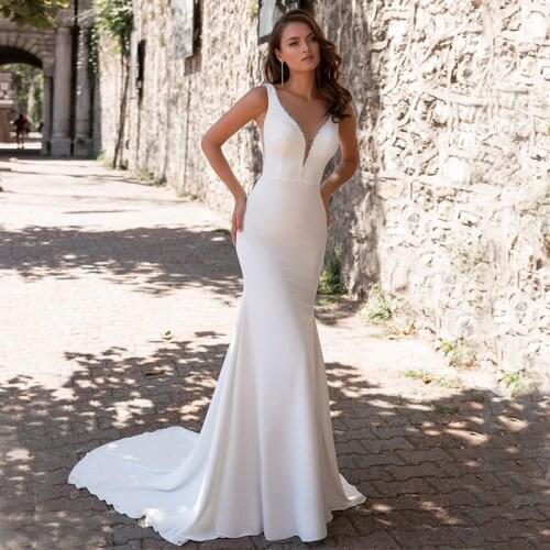 Simple Mermaid Wedding Dresses Soft Satin Sleeveless Plunging Sweetheart Low Tulle Back Cathedral Train Covered Buttons To Hem