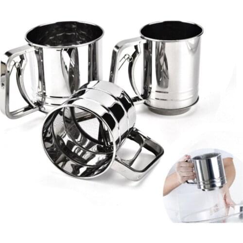 Stainless Steel Gold/Silver Cup Flour Sieve Icing Sugar Mesh Sieve Colander Crank Sifter With Measuring Scale Baking Tools
