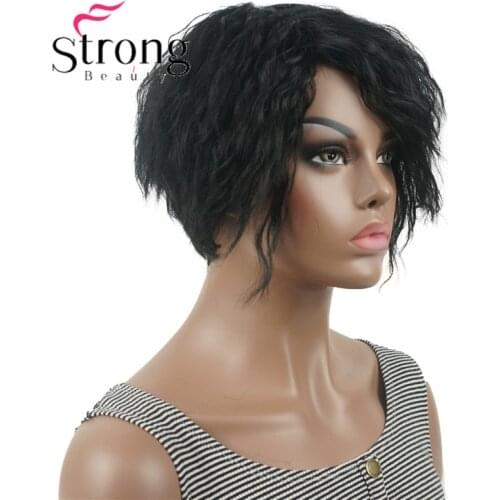 StrongBeauty Short Asynetrical Bob Black Fluffy Wavy Full Synthetic Wig