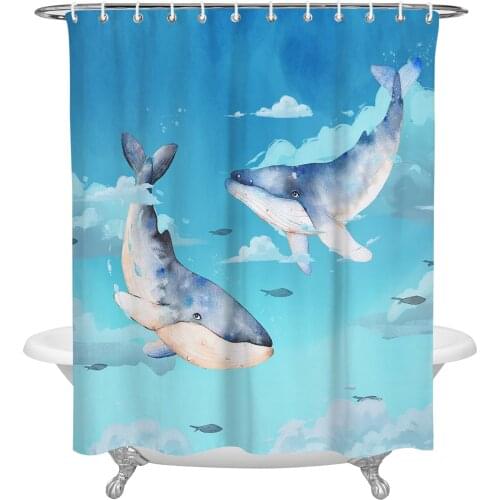 Whale White Cloud Blue Sky Watercolor Shower Curtain Waterproof Polyester Fabric Bathroom Curtain Home Bath Curtain with Hook