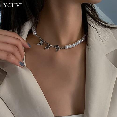 YOUVI Pearl Beads Choker Necklace for Women Stainless Steel Butterfly Chain Necklace on the Neck Fashion Necklace Jewelry 2021