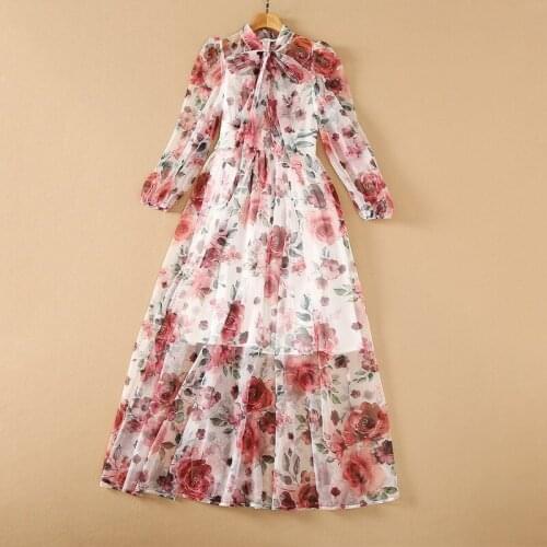 Europe and the United States womens clothing The new 2021 Long sleeve bow collar Rose print pleated fashion dress