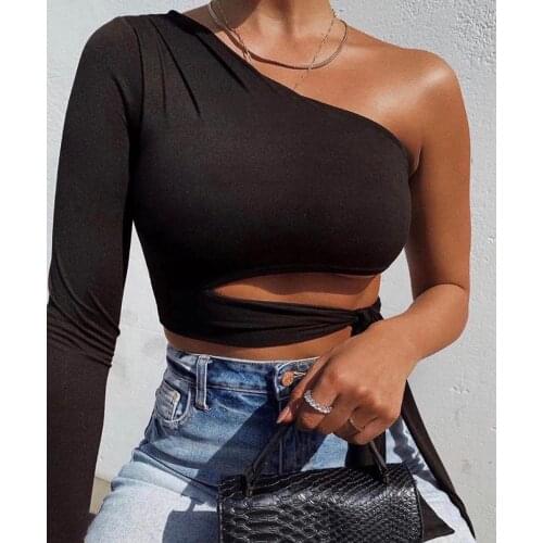 Women Fashion Sexy Tops Backless One Shoulder Stretch Cropped Tops Daily Wear Summer Crop Tops Cut-Out Solid Color