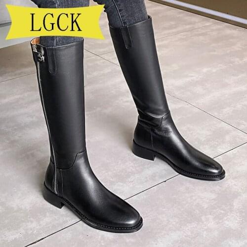 Plus Size 34-43 Autumn Winter Women Knee High Boots Quality Head Layer Cowhide Riding Equestrian Zip Sexy Shoes Waterproof Shoes