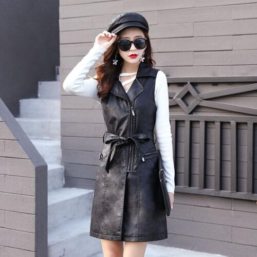High Quality PU Leather Womens Vest Long Trench Coat New Female Sleeveless Waistcoat Faux Leather Blazer Outerwear With Belt