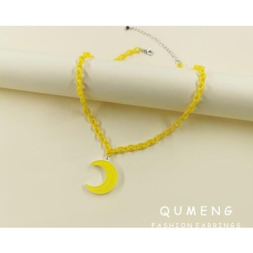 QUMENG 2021 Korea Hot Fashion Yellow Moon Acrylic Pendant Necklace Women Girls Resin chain Choker Jewelry Gifting Daily Wear