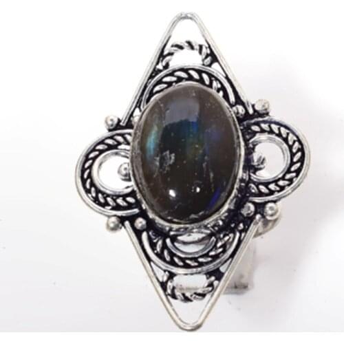 Genuine Labradorite Ring Silver Overlay over Copper , Hand Made Women Jewelry gift ,Size: 6.75 , R6415