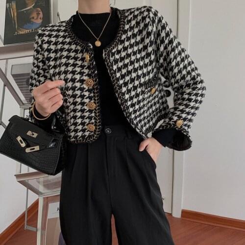 Short coat female houndstooth Korean loose casual French retro jacket autumn and spring 2021 new plaid coat