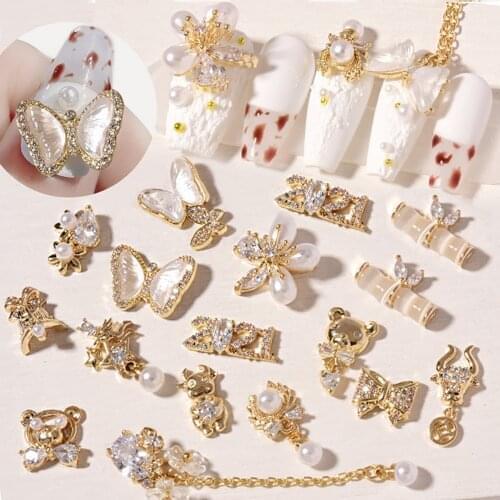 1pcs Zircon New Year Diamond Nail Chains Jewelry Pearl Bow Bear Pendant Manicure Drills Nail Art Decorations