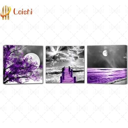 3pcs diamond painting Landscape, moon, wooden trestle, purple landscape full square round diamond rhinestone painting home decor
