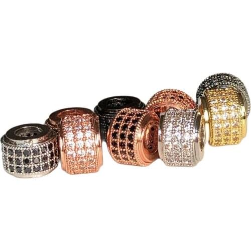 3pcs/lot CZ Cylinder Crystal Charm Beads Metal Brass Micro Pave Zircon Round Space Beads Fit Women Bracelets DIY Jewelry Making