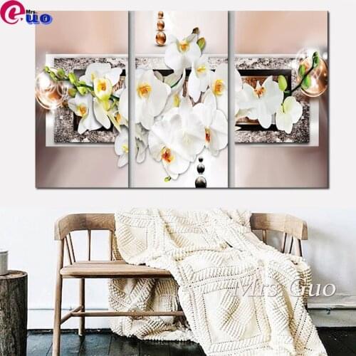 Diamond Art Painting 3 pcs white orchid Cross Stitch Kits 5D Rhinestones Diamond Embroidery Flower Mosaic Needlework Home Decor