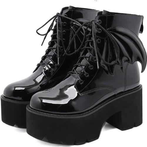 Ankle Boots High Heels Patent Leather Womens Shoes Platform Demonia Boots Punk Gothic Sexy Model Angel Wing