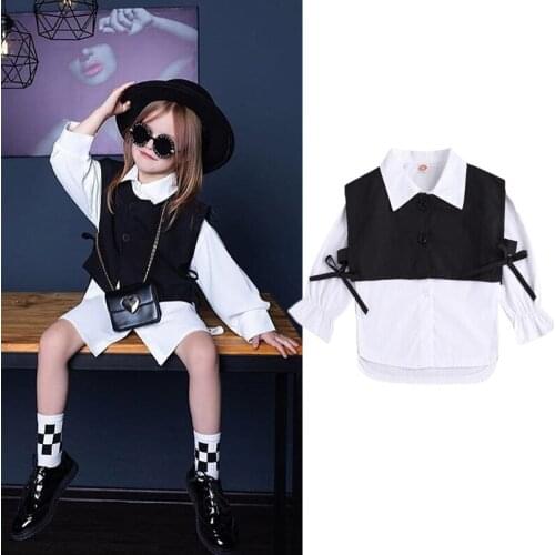 2 Pcs Kids Baby Casual Outfits Solid Color Long Sleeve Lapel Button Down Shirt + Tie Up Vest Fashion Stylish Clothes Sets