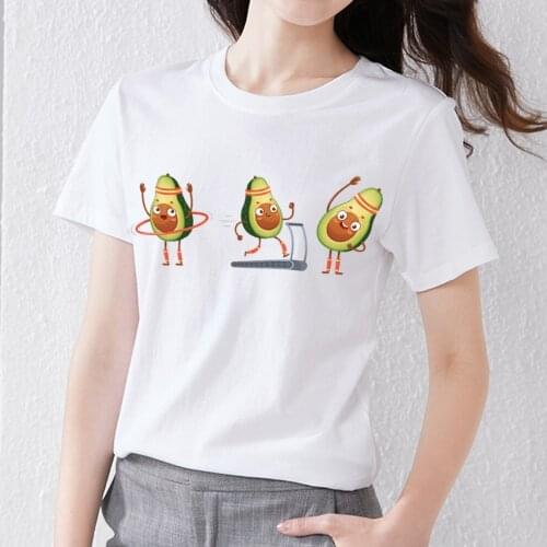 Summer Womens T-shirt Cute Cartoon Avocado Print White T-shirt Fashion Top Round Neck Ladies Comfortable All-match Camisetas