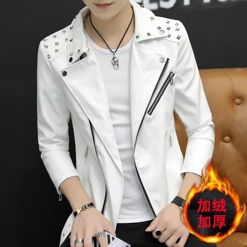 2021 Mens Personality Rivets Lapel Leather Jacket Youth Slim Handsome Fleece-Lined Autumn and Winter PU Leather Jacket