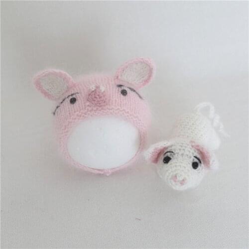 Soft Pink Newborn Girl Hat and Toy Set Knit Vintage Pig Hat Simulation Mini Animal Piggy Doll Crochet Bonnet Angora Yarn Baby