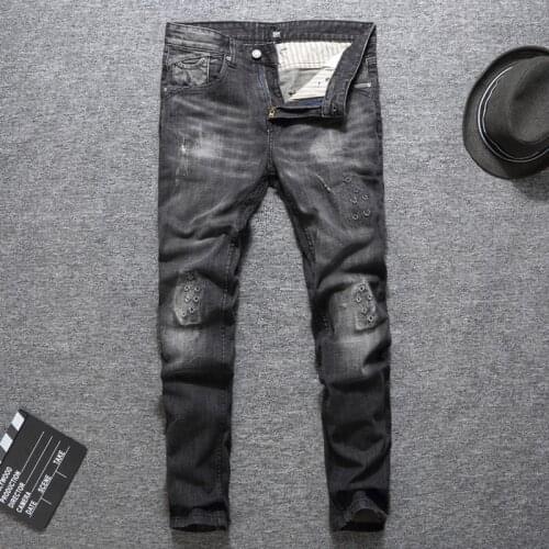 Newly Designer Fashion Men Jeans Retro Black Gray Slim Fit Ripped Jeans For Men High Quality Patchwork Hip Hop Punk Denim Pants