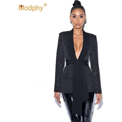 Autumn Fashion Womens Black Slim Jacket Sexy V-neck Long Sleeve Diamond Lace-Up Celebrity Runway Party Coat 2020 New Clothing