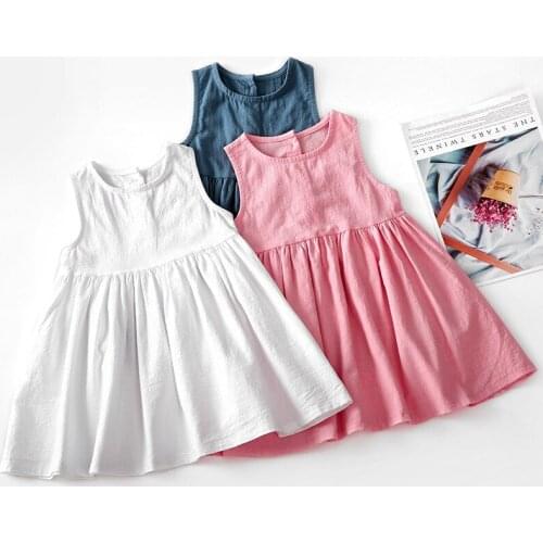 Girls Sleeveless Cotton And Linen Dress New Summer Childrens Solid Color Casual Comfortable Pleated Dresses WT012