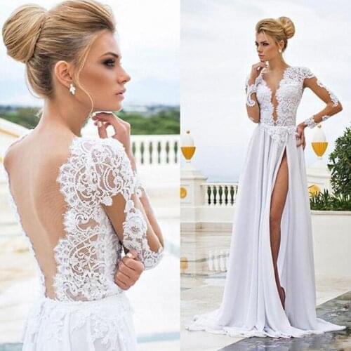 2021 New Arrival Charming Lace Long Sleeves Bridal Wedding Dresses Side Split V Neckline Wedding Gowns for Bride Sweep Train