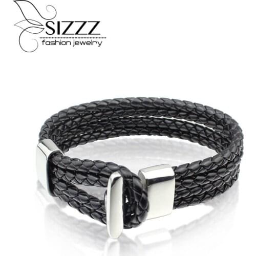 SIZZZ Titanium steel black rope woven 4 layer personality leather bracelet&bangles for men