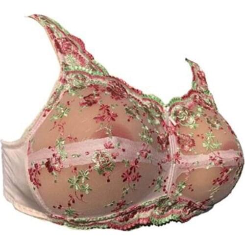 Pink Lace See-Through Pocket Bra Sexy Floral Embroidery Underwear for Silicone Breast Pads Crossdress Cosplay Mastectomy Ajusen