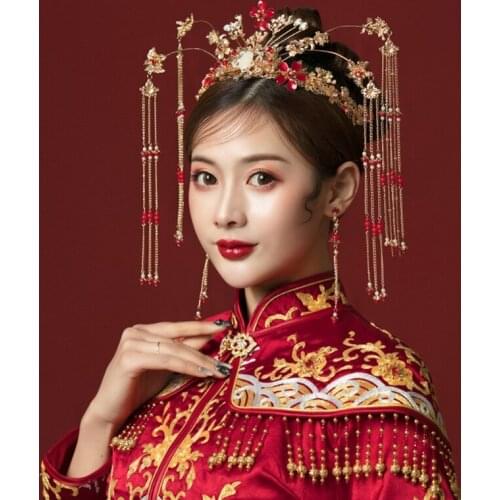 Bride Retro Chinese Style Hair Ornaments Tassel Women Wedding Headdress Earrings AXYD