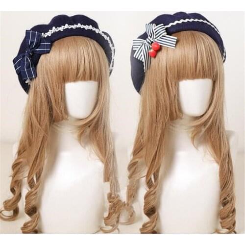 Dark Blue Navy Plaid Bow Wave French Beret Sweet lolita Warm Hat Autumn Winter Girl Women Classic Painter Cap B1386